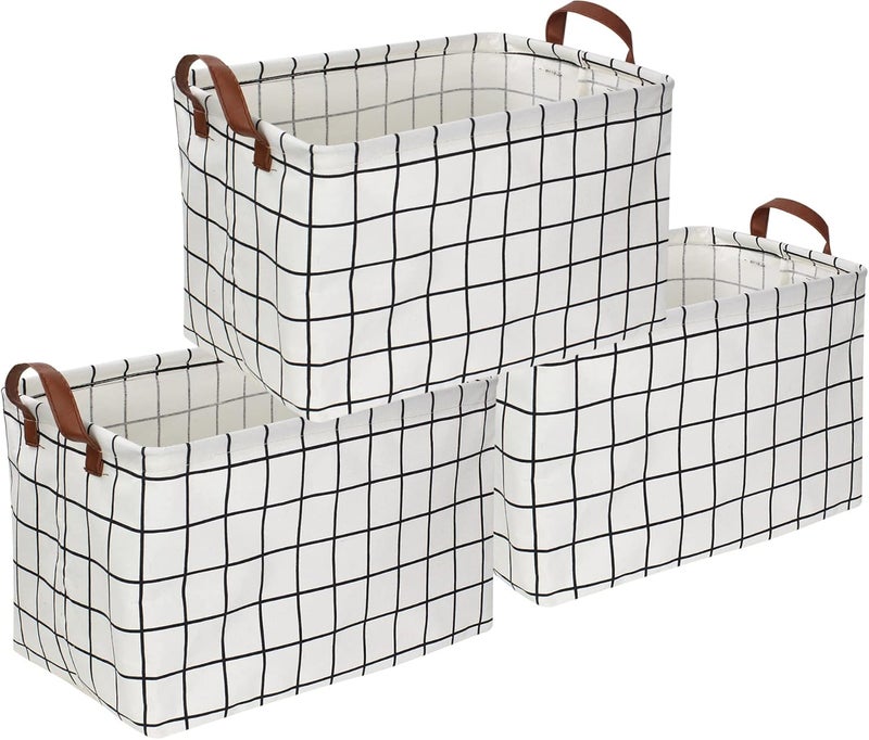 CLOCOR Rectangular Storage Basket, Collapsible Cute Pattern Storage Bin, Waterproof Coating Storage Box with Handles for Home Organization, Gift Basket (3 pack White checks) - Image 1